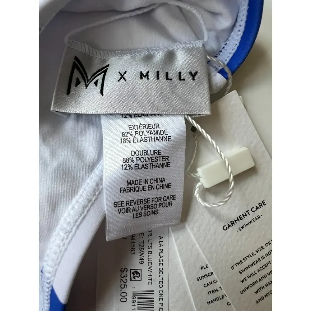 Milly A La Plage Belted One Piece Swimsuit Blue White Size M New - Picture 4 of 16